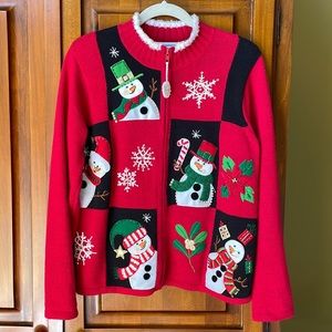 Festive Red Snowman Cardigan Sweater